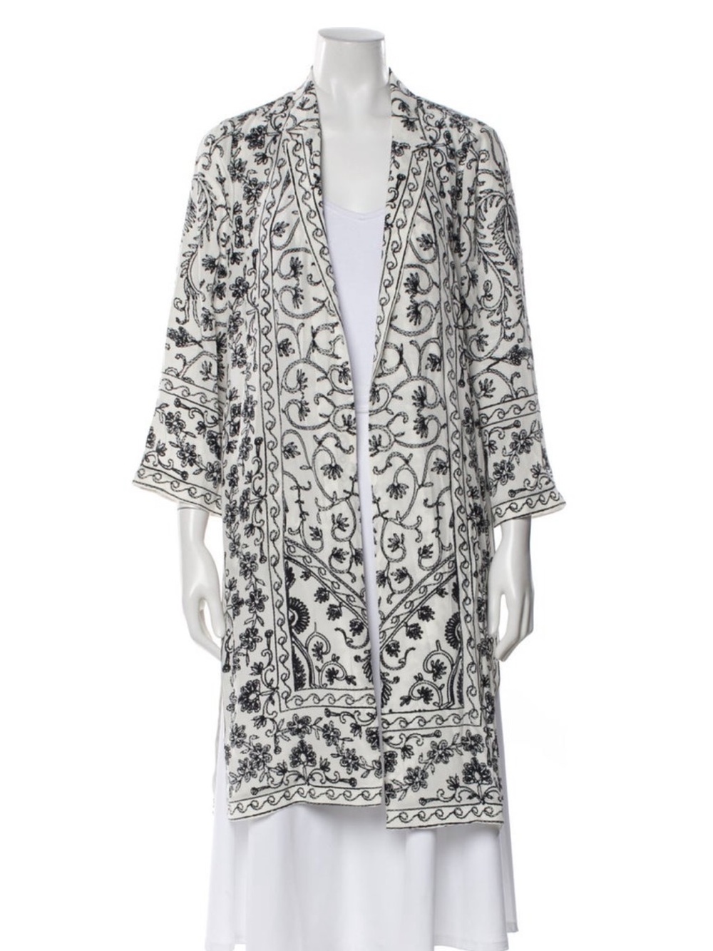 KOBI HALPERIN SUZETTE Embroidered Black White Open Duster Kimono $558 100% Silk